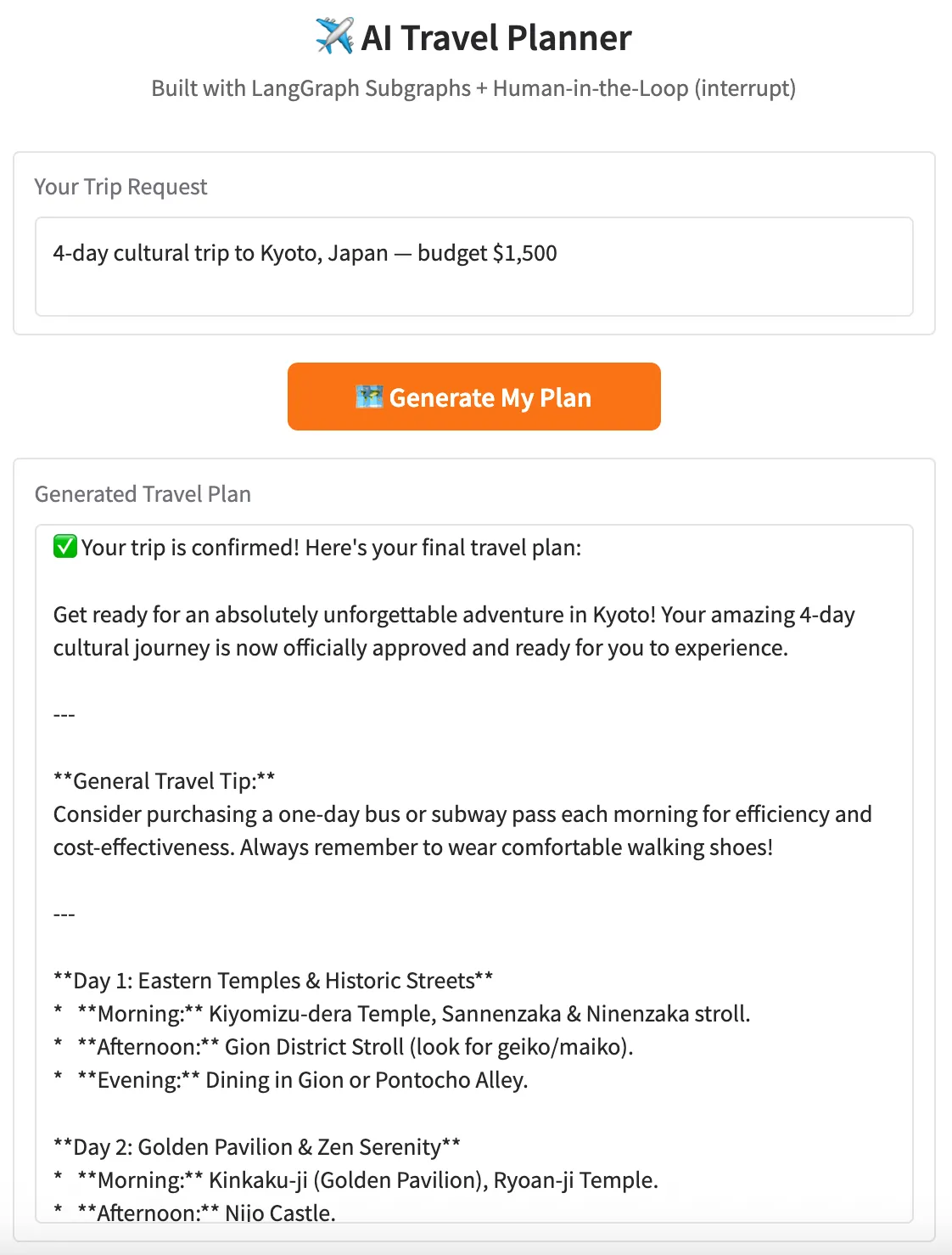 AI Travel Planner Gradio web interface