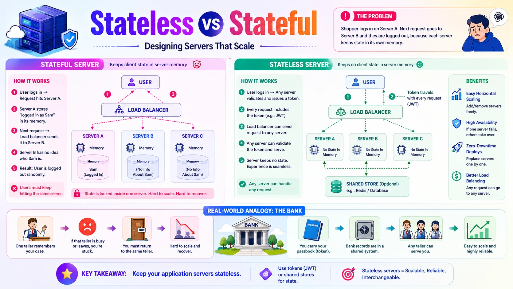 Stateless vs Stateful — why stateless servers scale horizontally behind a load balancer