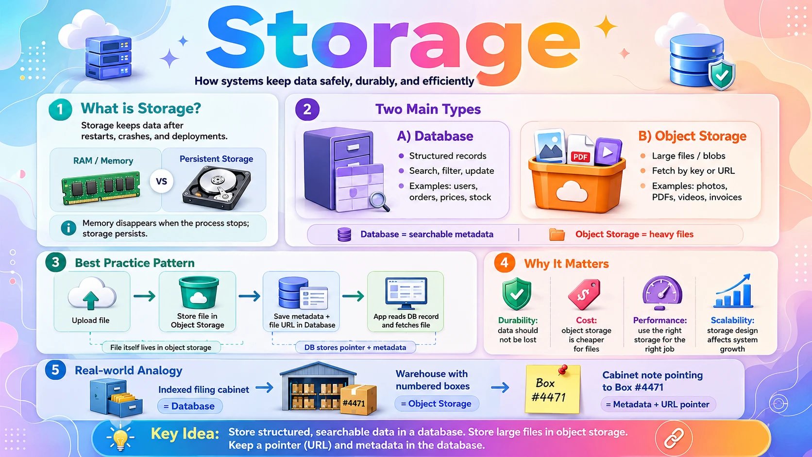 Storage — databases for structured data and object storage for files and media