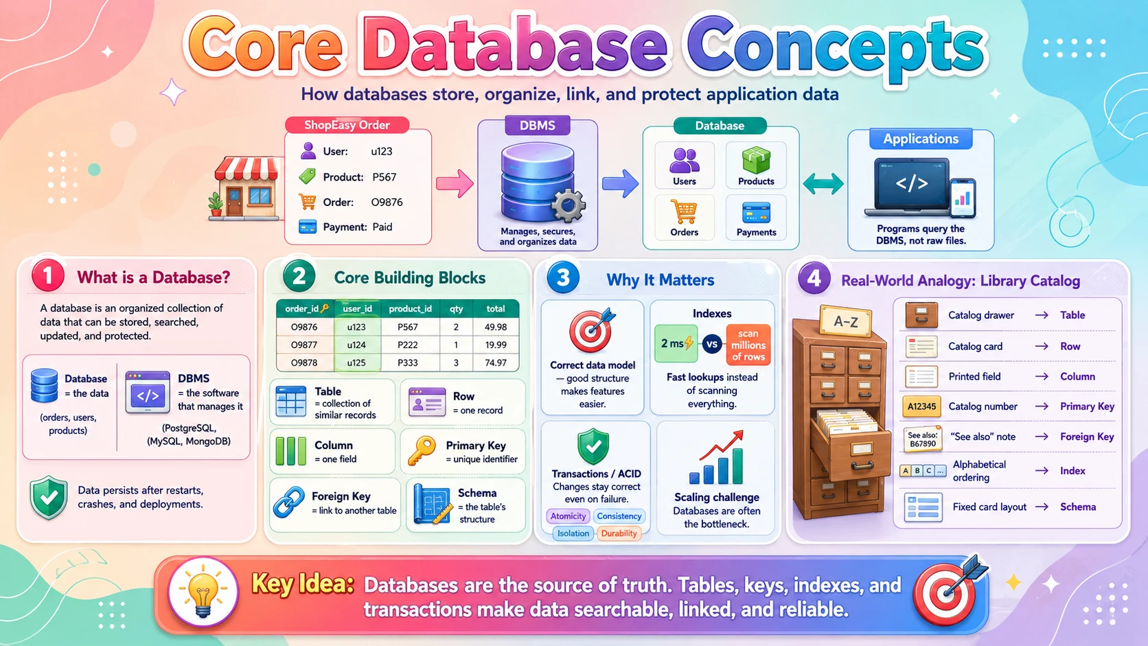 Core database concepts — tables, keys, queries, indexes, and transactions