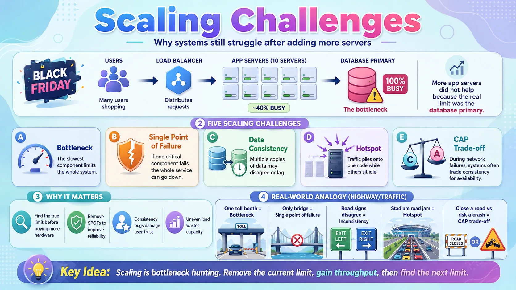 Scaling challenges — bottlenecks, single points of failure, consistency, hotspots, and the CAP trade-off