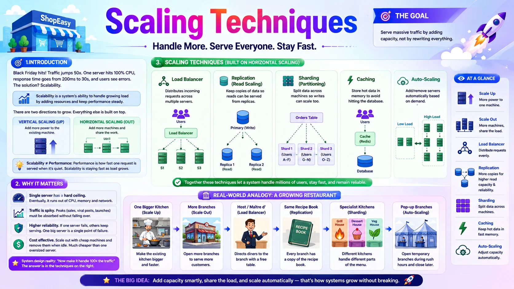 Scaling techniques — vertical and horizontal scaling, load balancing, replication, sharding, and auto-scaling
