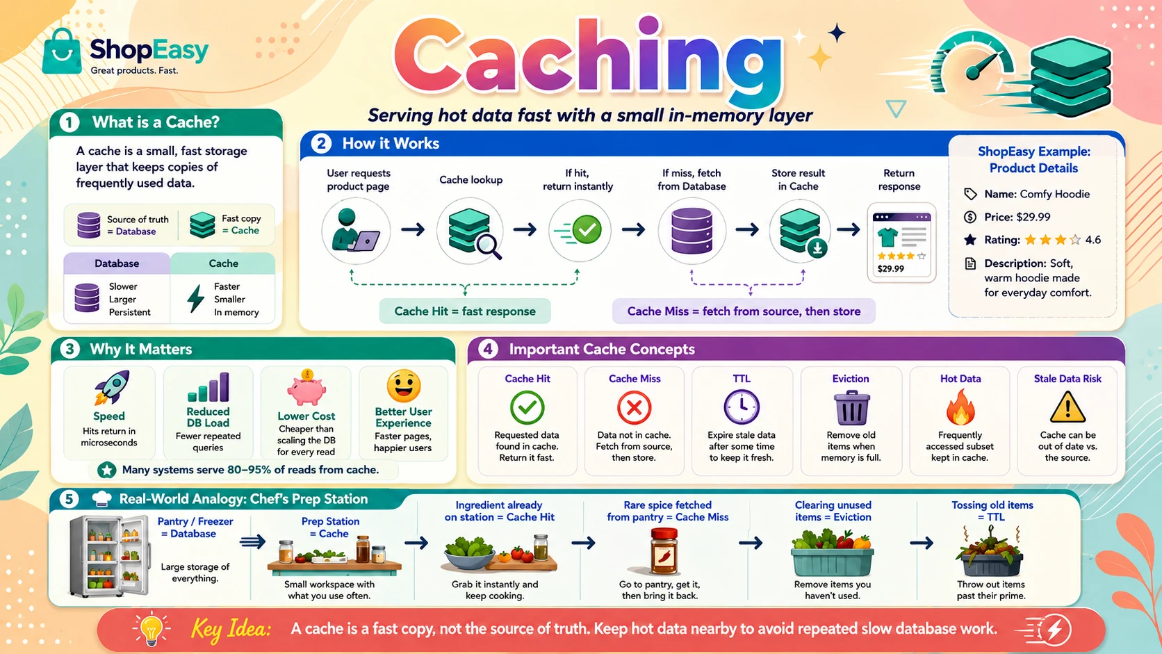 Caching — storing frequently used data in fast memory for instant repeat access