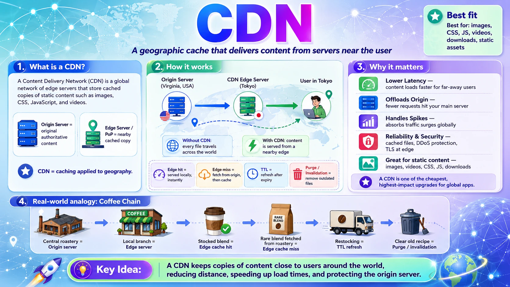 CDN — edge servers delivering static content from locations close to users worldwide