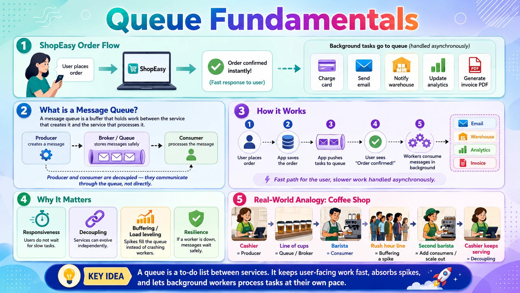 Queue fundamentals — producers, brokers, and consumers passing messages