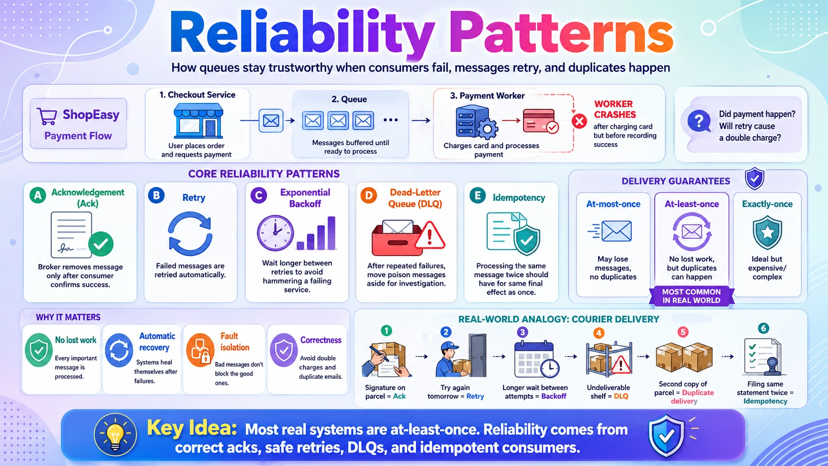 Reliability patterns — acknowledgements, retries, dead-letter queues, and delivery guarantees