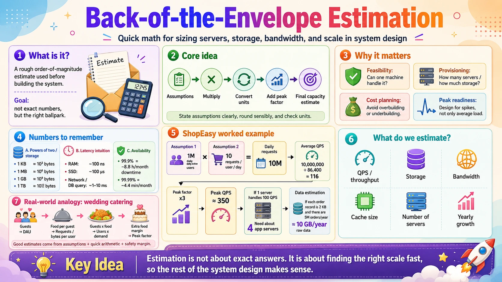 Back-of-the-envelope estimation — powers of two, latency numbers, availability, and capacity math