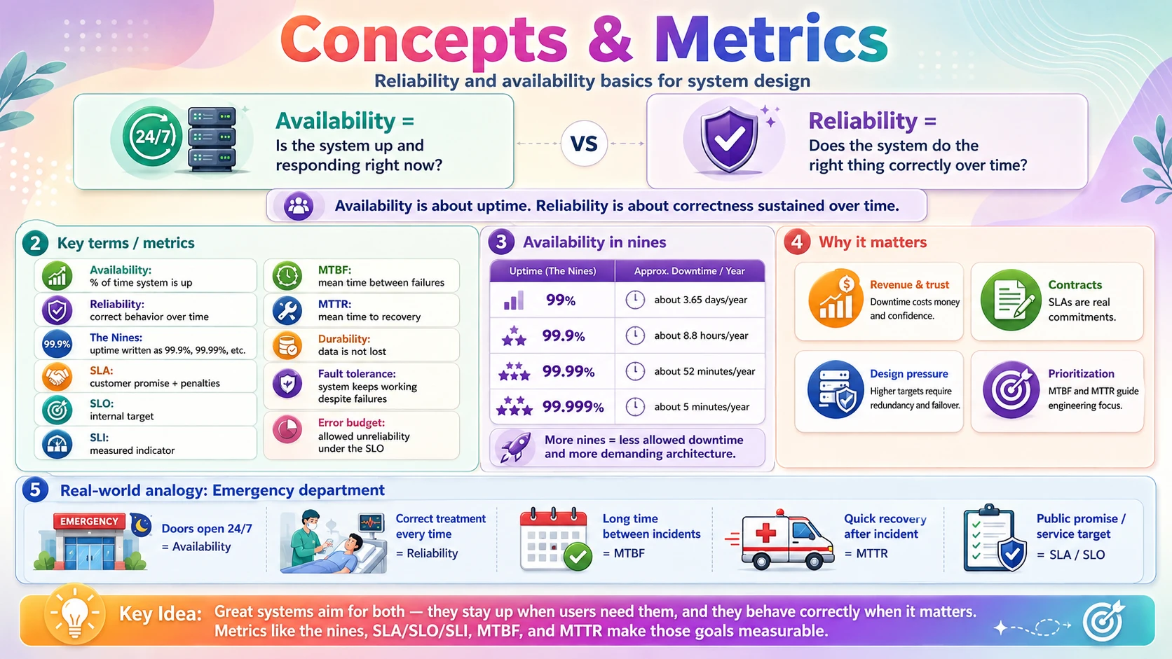 Reliability and availability concepts and metrics — nines, SLA, MTBF, MTTR