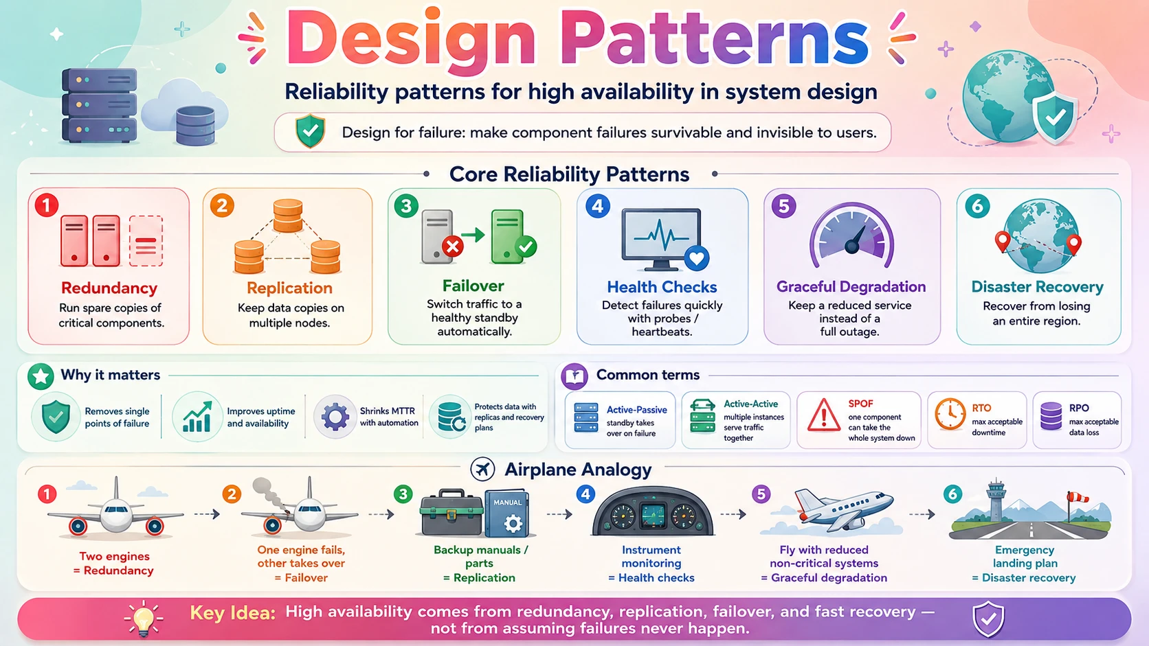 Reliability design patterns — redundancy, replication, failover, and disaster recovery