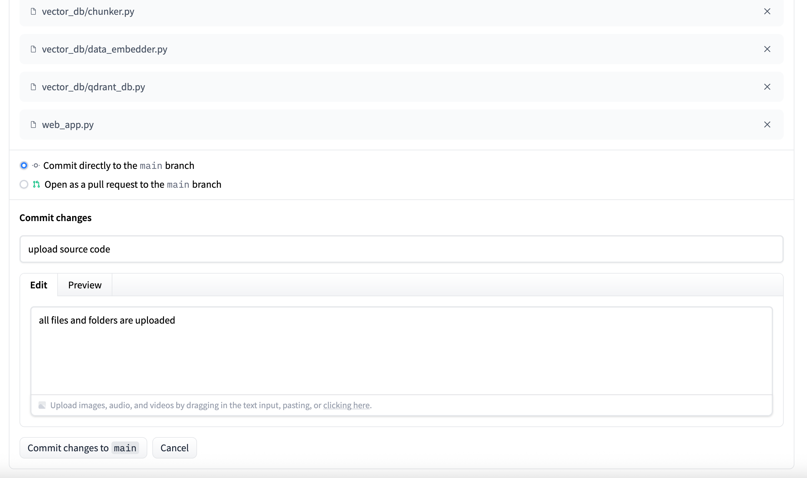 Commit files in Hugging Face